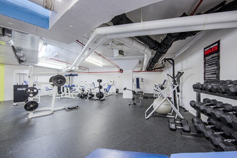 A gym with a variety of equipment including weights and a leg press machine.